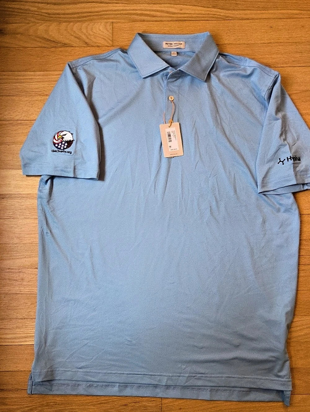 NWT Peter Millar Summer Comfort Golf Polo Shirt L Blue Hypha Tech Promo Logo
